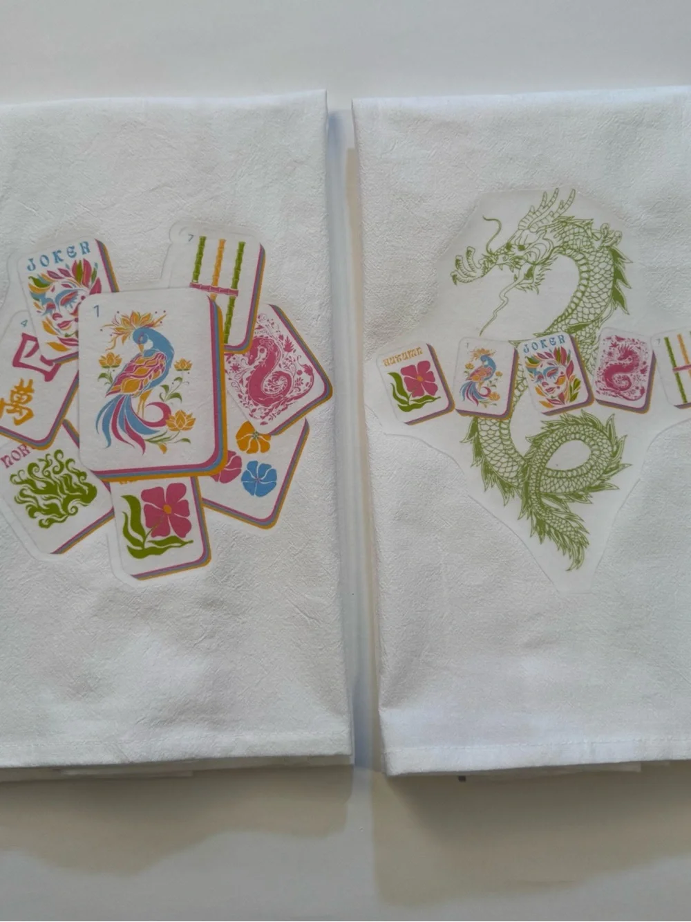 Mahjong White Tea Towels with Colorful Mahjong Tile and Green Dragon Prints